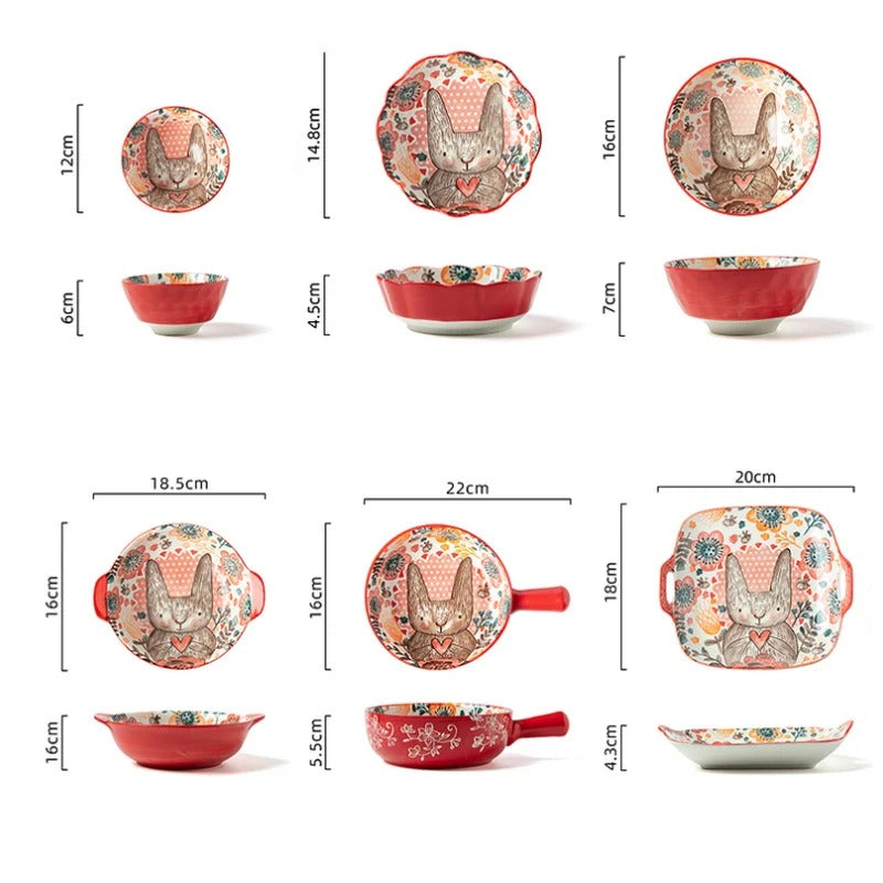 Cute Rabbit Ceramic Bowl & Plate Set Hand-Painted Underglaze Noodle Soup Salad Dinnerware