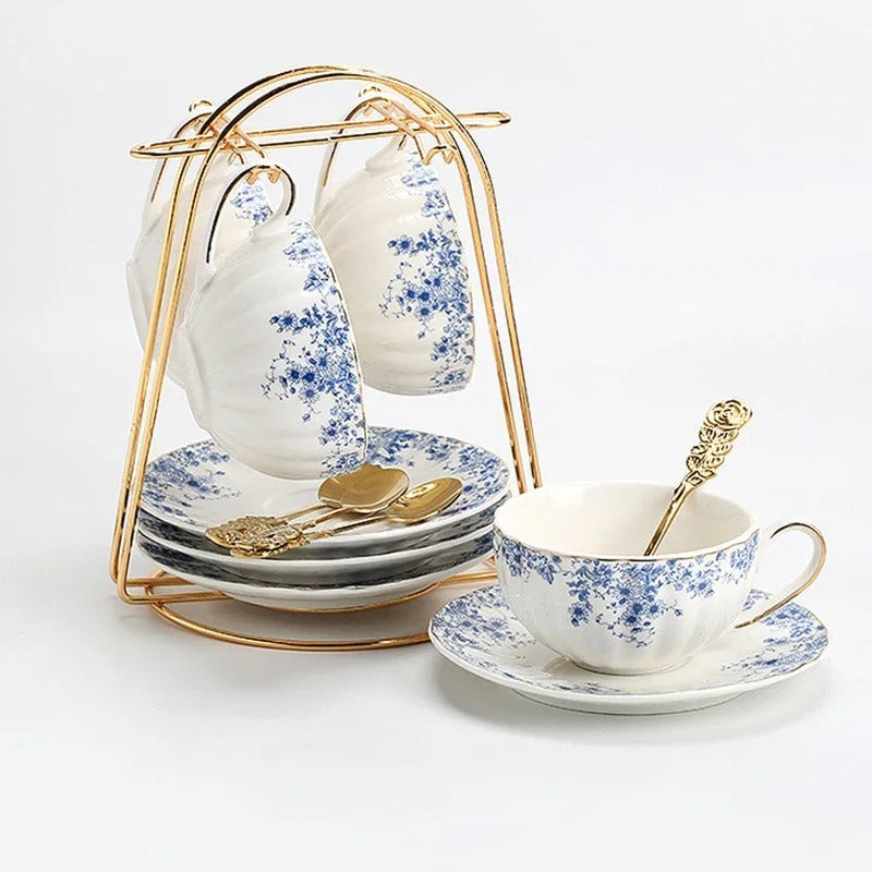 Glass Teapot Set with Warmer, Blue & White Porcelain Cups