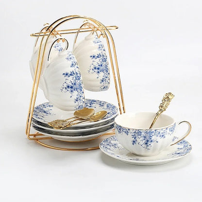 Glass Teapot Set with Warmer, Blue & White Porcelain Cups