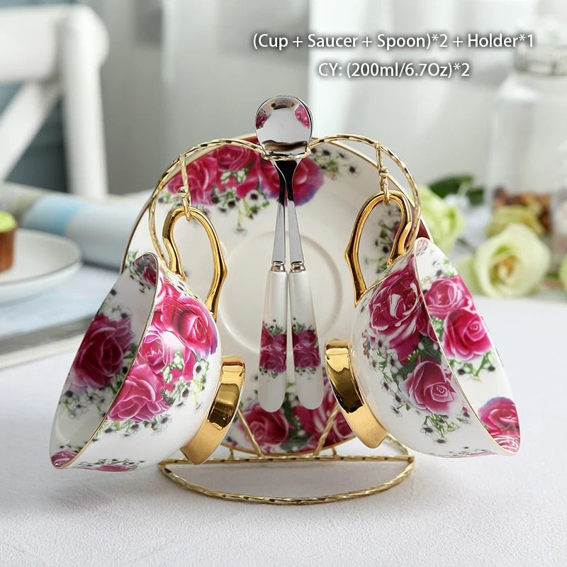 Bone China Coffee & Tea Set, Rose Pattern