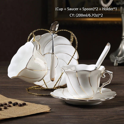 Bone China Tea & Coffee Set, European, Gold Inlay, Teapot, Cups