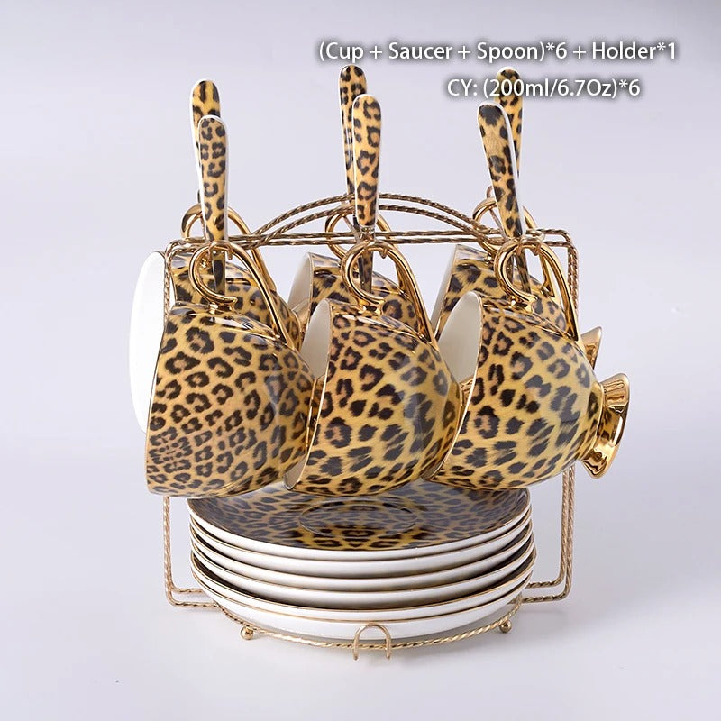 Bone China Tea & Coffee Set, Leopard Print, Porcelain, Teapot, Cups