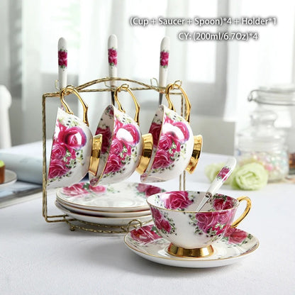Bone China Coffee & Tea Set, Rose Pattern