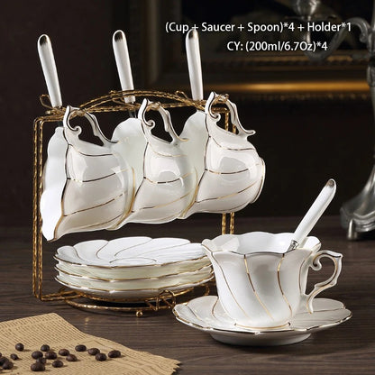 Bone China Tea & Coffee Set, European, Gold Inlay, Teapot, Cups
