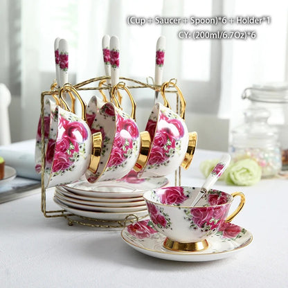 Bone China Coffee & Tea Set, Rose Pattern