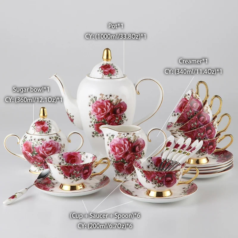 Bone China Coffee & Tea Set, Rose Pattern