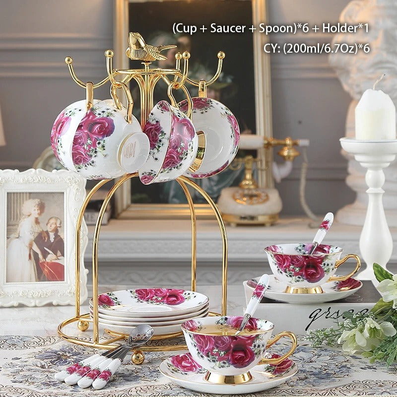 Bone China Coffee & Tea Set, Rose Pattern