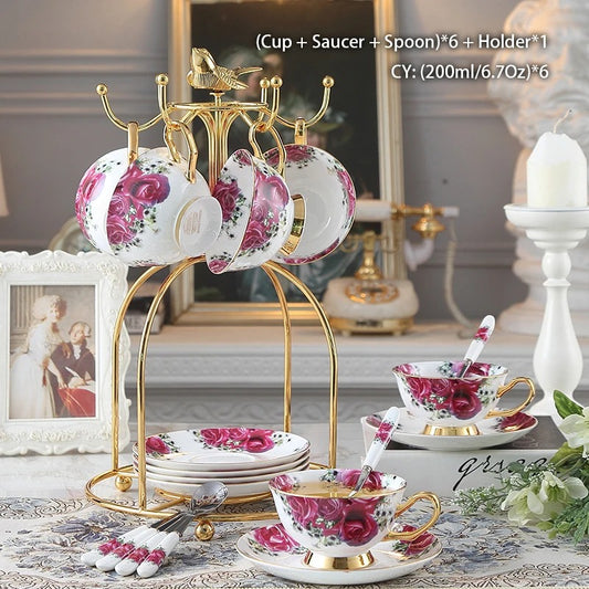 Bone China Coffee & Tea Set, Rose Pattern