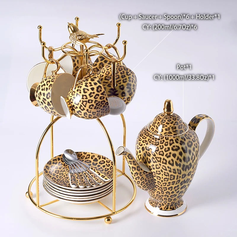Bone China Tea & Coffee Set, Leopard Print, Porcelain, Teapot, Cups
