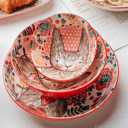 Cute Rabbit Ceramic Bowl & Plate Set Hand-Painted Underglaze Noodle Soup Salad Dinnerware