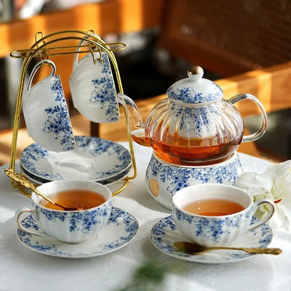 Glass Teapot Set with Warmer, Blue & White Porcelain Cups