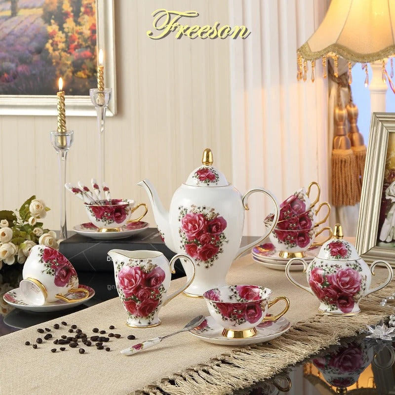 Bone China Coffee & Tea Set, Rose Pattern