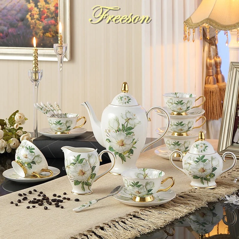 Bone China Tea Set, Camellia, British Porcelain, Teapot, Cups