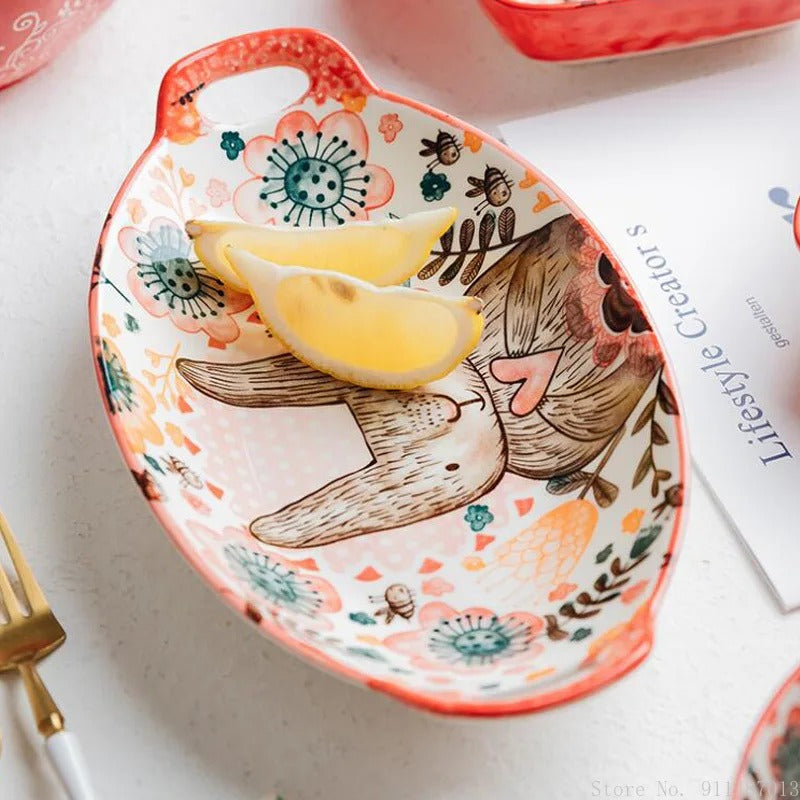 Cute Rabbit Ceramic Bowl & Plate Set Hand-Painted Underglaze Noodle Soup Salad Dinnerware