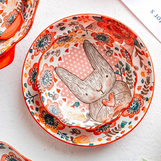 Cute Rabbit Ceramic Bowl & Plate Set Hand-Painted Underglaze Noodle Soup Salad Dinnerware