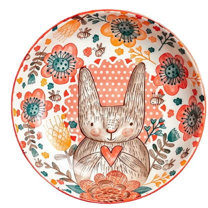 Cute Rabbit Ceramic Bowl & Plate Set Hand-Painted Underglaze Noodle Soup Salad Dinnerware