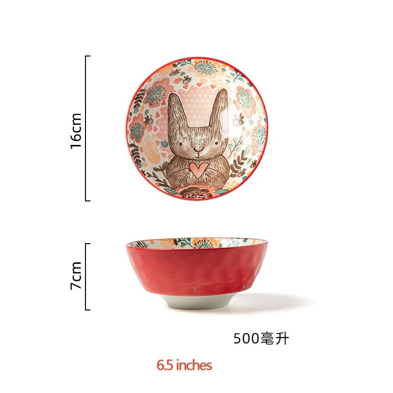 Cute Rabbit Ceramic Bowl & Plate Set Hand-Painted Underglaze Noodle Soup Salad Dinnerware