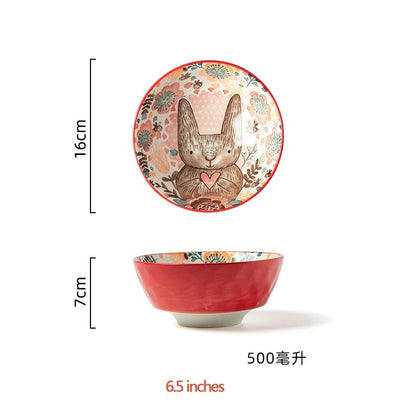 Cute Rabbit Ceramic Bowl & Plate Set Hand-Painted Underglaze Noodle Soup Salad Dinnerware
