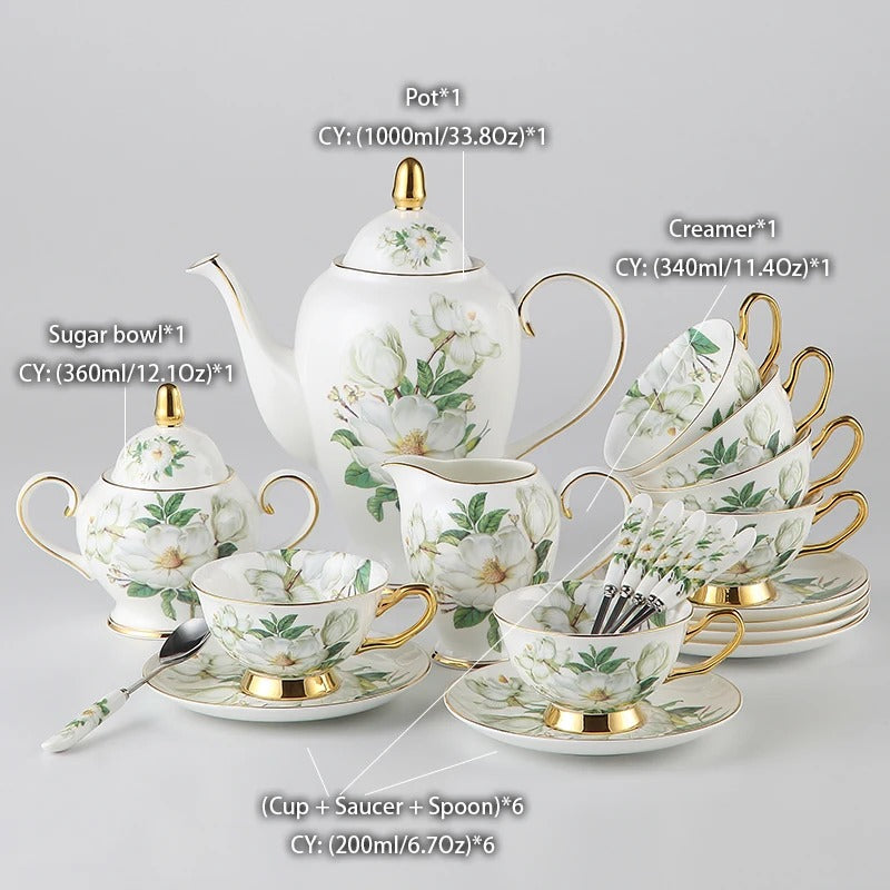 Bone China Tea Set, Camellia, British Porcelain, Teapot, Cups